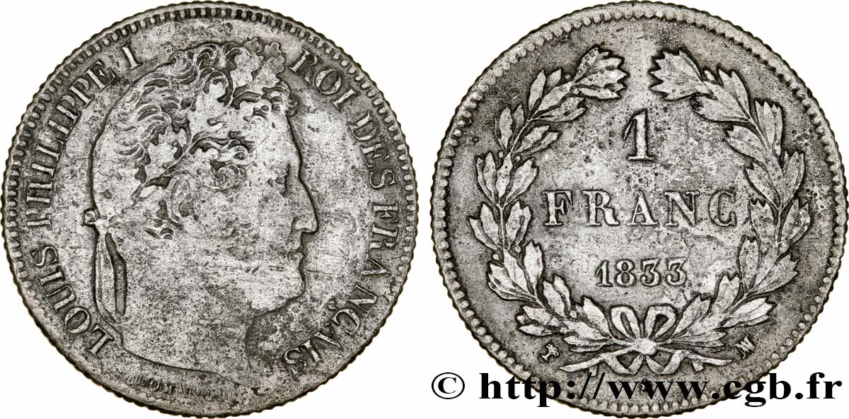 1 franc Louis-Philippe, couronne de chêne 1833 Marseille F.210/23 VF22 