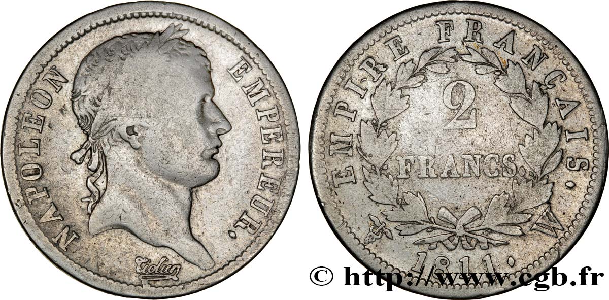 2 francs Napoléon Ier tête laurée, Empire français 1811 Lille F.255/37 B10 