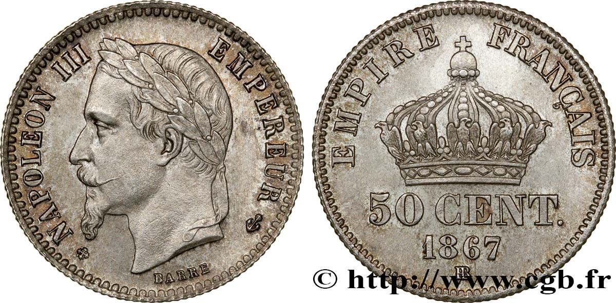 50 centimes Napoléon III, tête laurée 1867 Strasbourg F.188/15 SUP60 