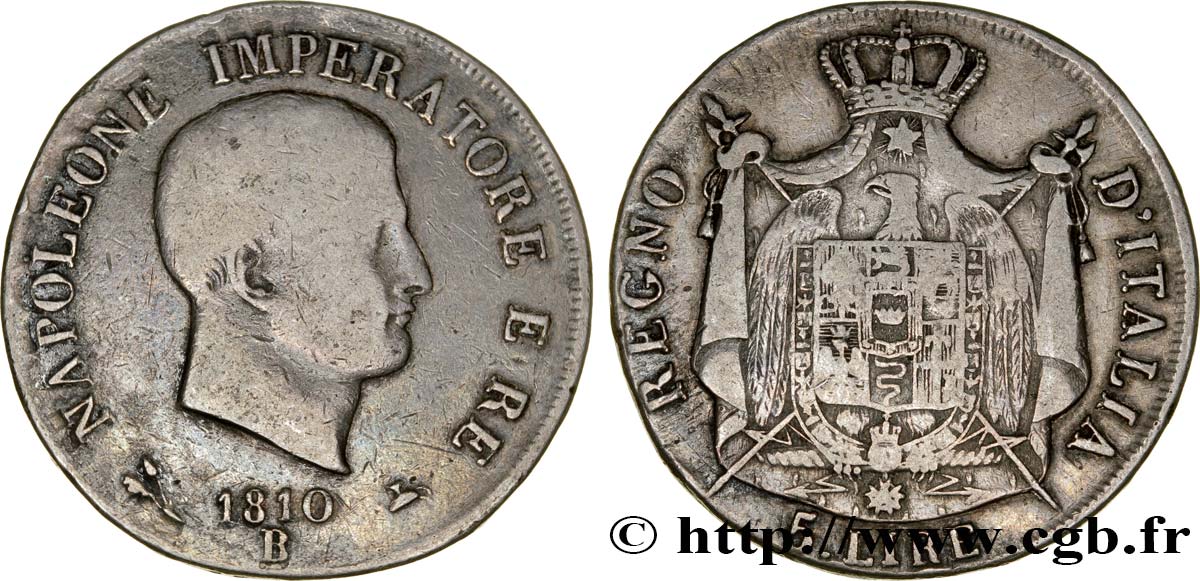 5 lire Napoléon Empereur et Roi d’Italie, 1er type, tranche en relief 1810 Bologne M.78  S15 