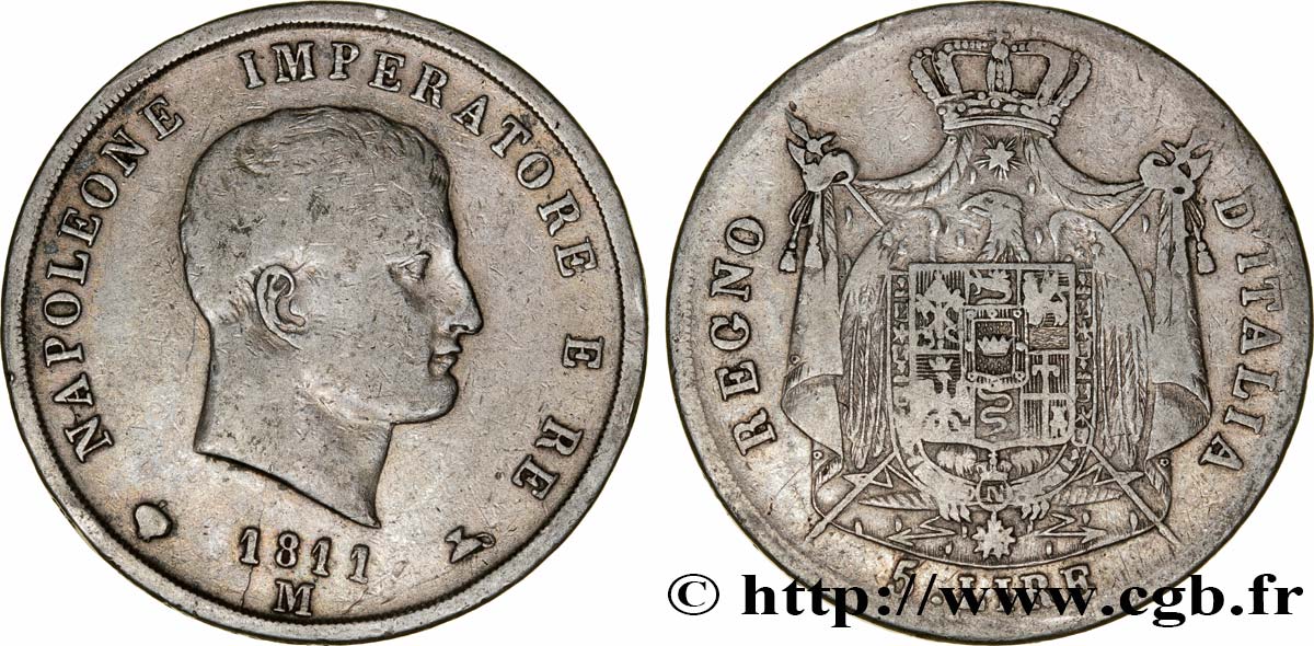 5 lire Napoléon Empereur et Roi d’Italie, 2ème type, tranche en creux 1811 Milan M.224  BC20 