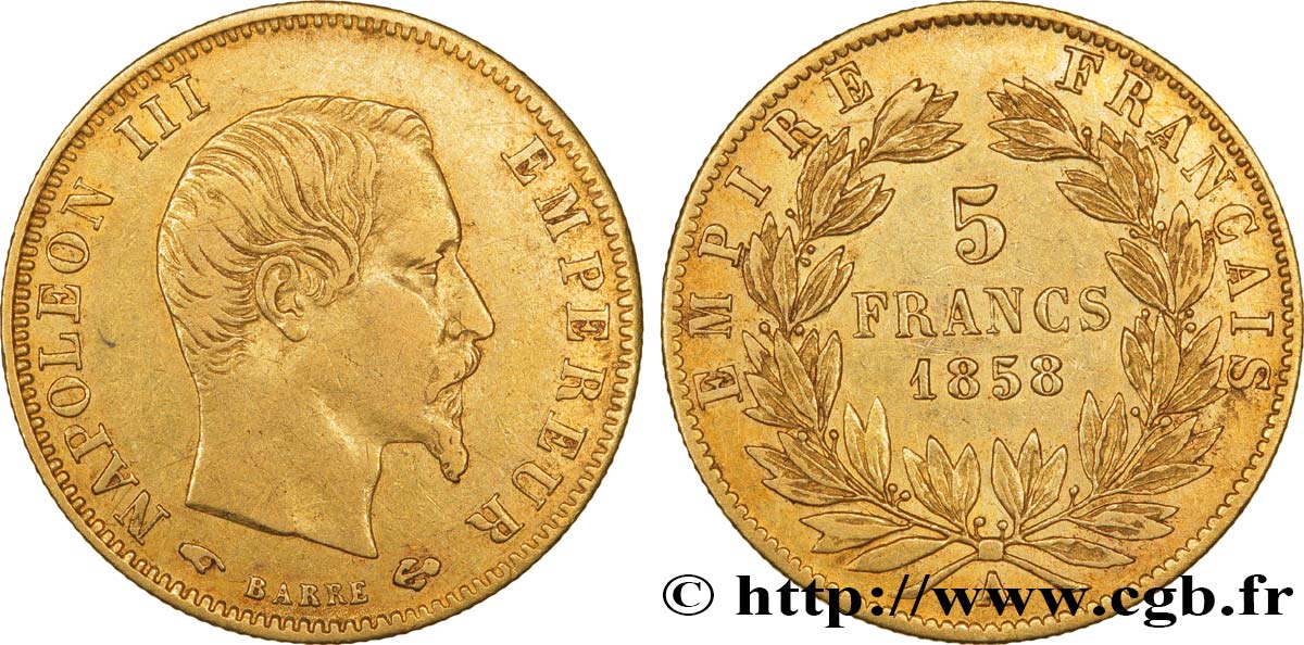 5 francs or Napoléon III, tête nue, grand module 1858 Paris F.501/5 XF45 