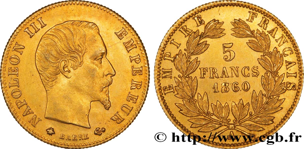 5 francs or Napoléon III, tête nue, grand module 1860 Paris F.501/11 EBC58 