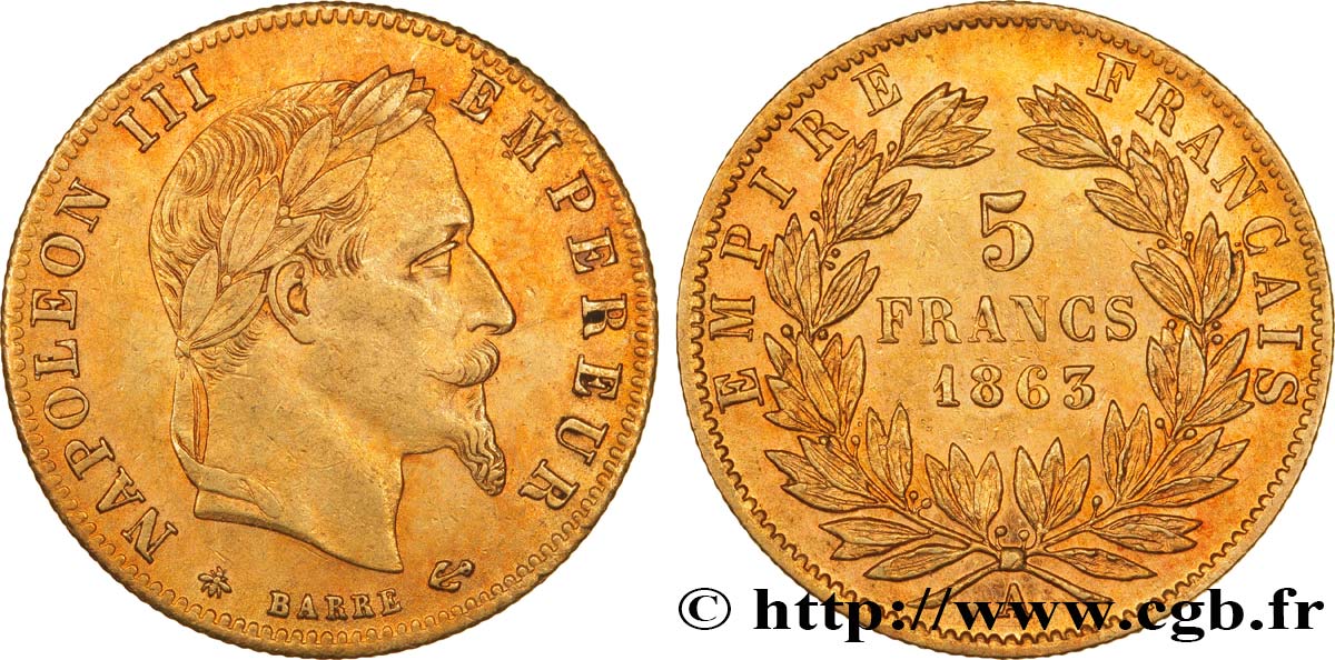 5 francs or Napoléon III, tête laurée 1863 Paris F.502/3 BB50 