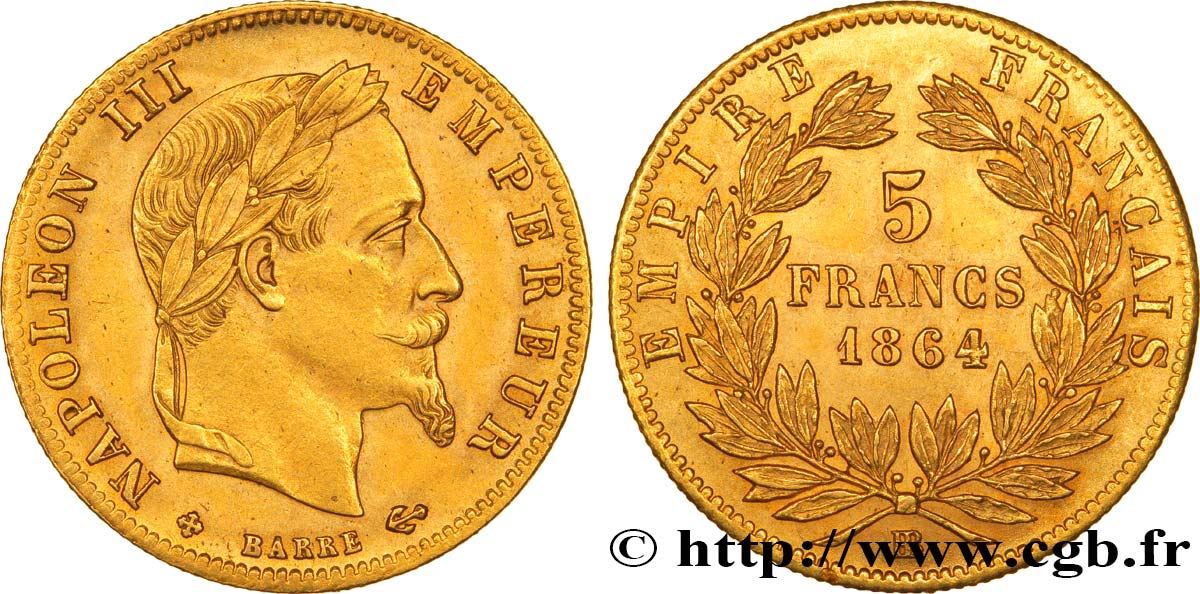 5 francs or Napoléon III, tête laurée 1864 Strasbourg F.502/6 VZ62 