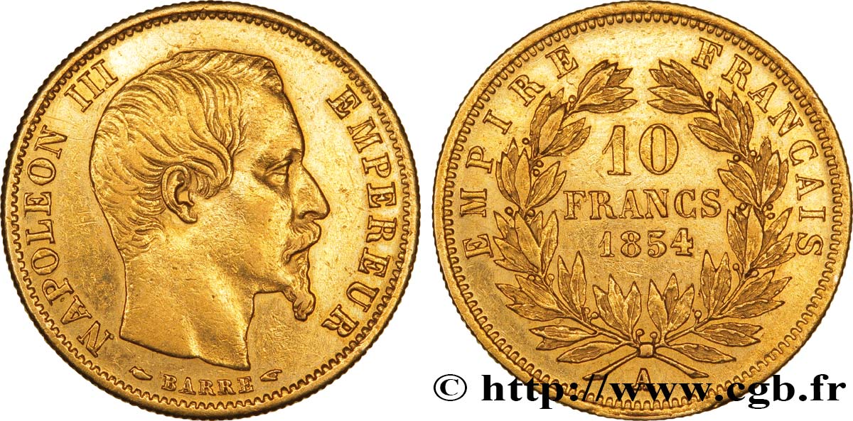 10 francs or Napoléon III tête nue, petit module, tranche cannelée 1854 Paris F.505A/1 TTB48 