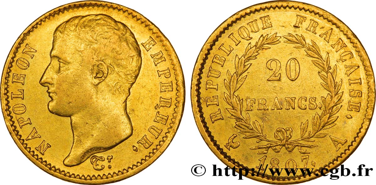 20 francs or Napoléon tête nue, type transitoire 1807 Paris F.514/1 MBC45 