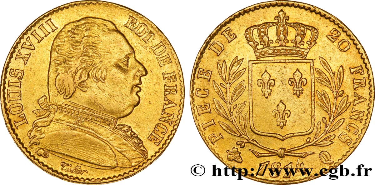 20 francs or Louis XVIII, buste habillé 1814 Perpignan F.517/7 XF48 