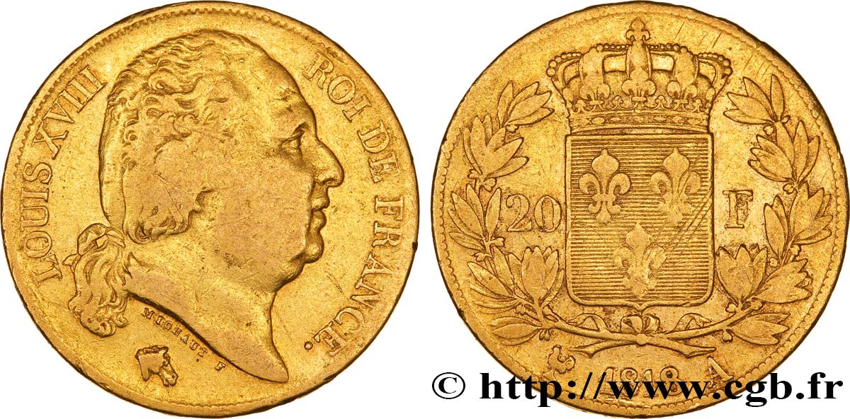 20 francs or Louis XVIII, tête nue 1818 Paris F.519/10 TB30 