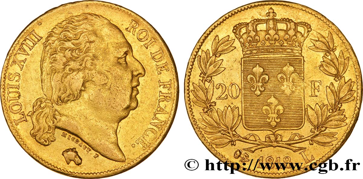 20 francs or Louis XVIII, tête nue 1818 Bayonne F.519/11 TTB45 