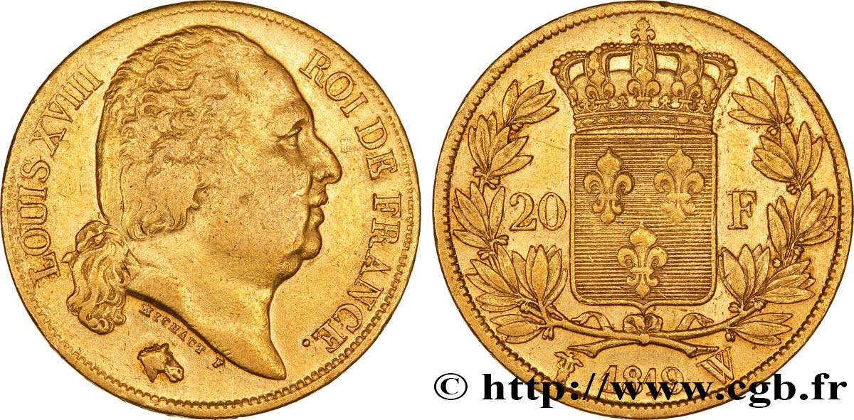 20 francs or Louis XVIII, tête nue 1819 Lille F.519/18 XF40 