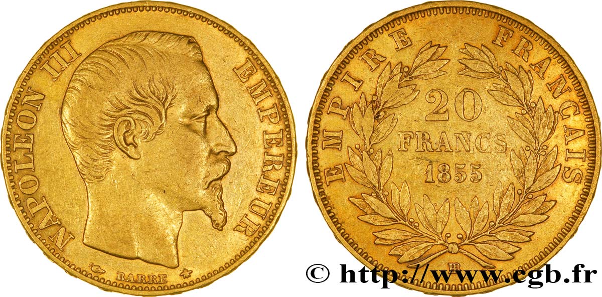 20 francs or Napoléon III, tête nue 1855 Strasbourg F.531/5 XF40 