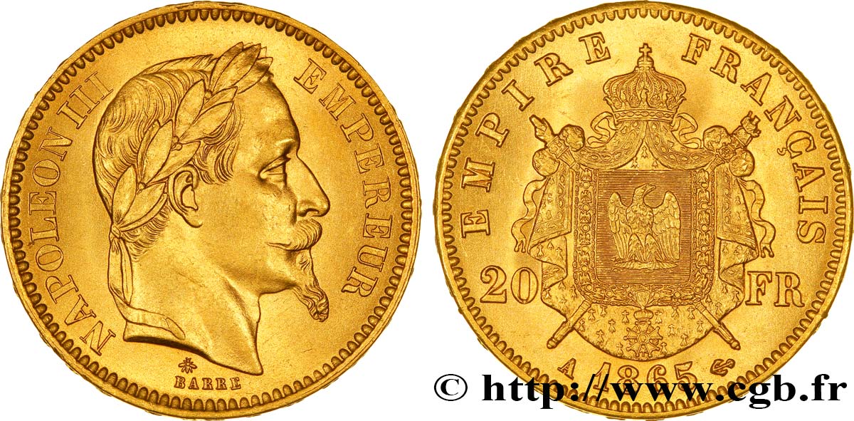 20 francs or Napoléon III, tête laurée 1865 Paris F.532/11 SUP60 