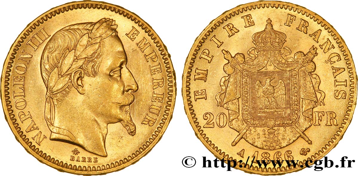 20 francs or Napoléon III, tête laurée 1866 Paris F.532/13 SUP58 