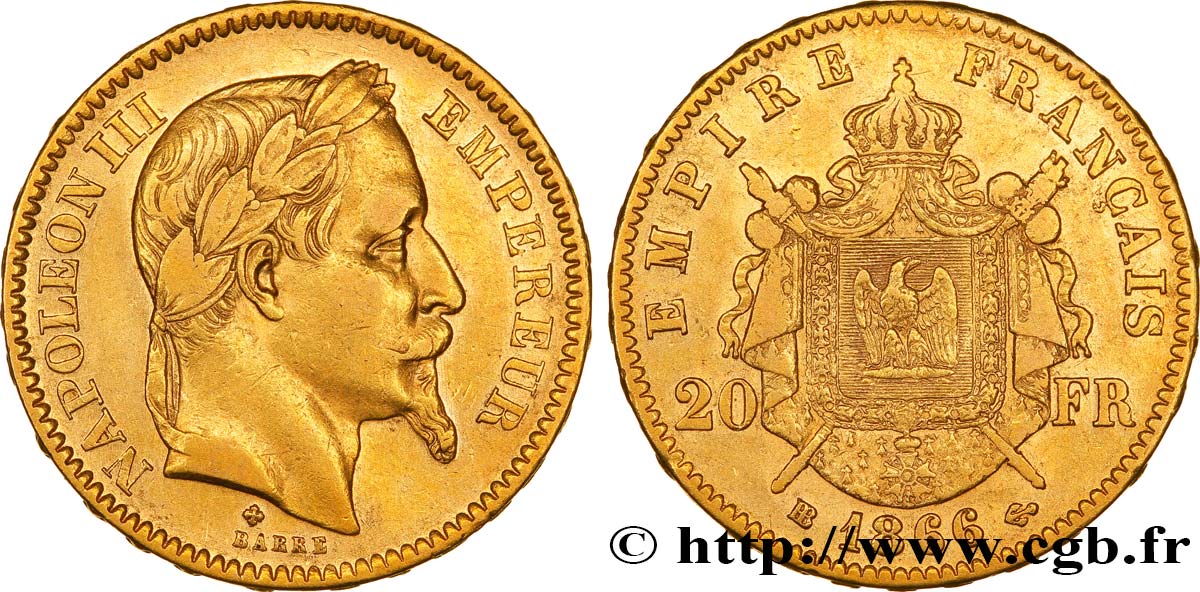 20 francs or Napoléon III, tête laurée 1866 Strasbourg F.532/14 TTB45 
