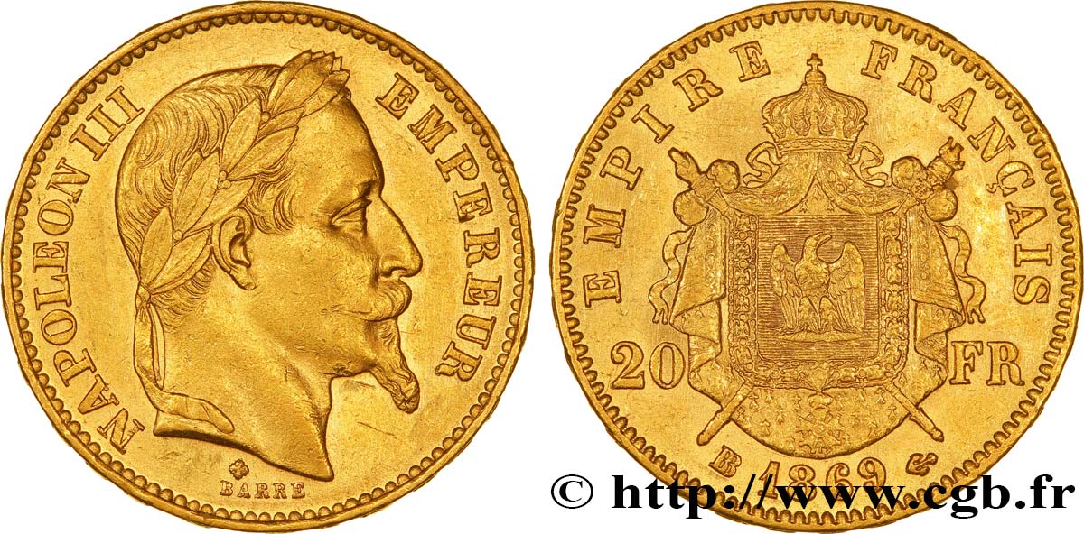 20 francs or Napoléon III, tête laurée, grand BB 1869 Strasbourg F.532/22 XF48 