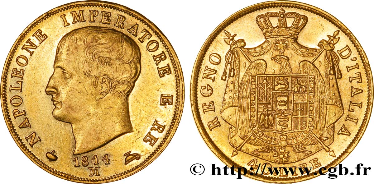 40 lire or Napoléon Empereur et Roi d’Italie, 2e type, tranche en creux 1814 Milan M.203  AU50 