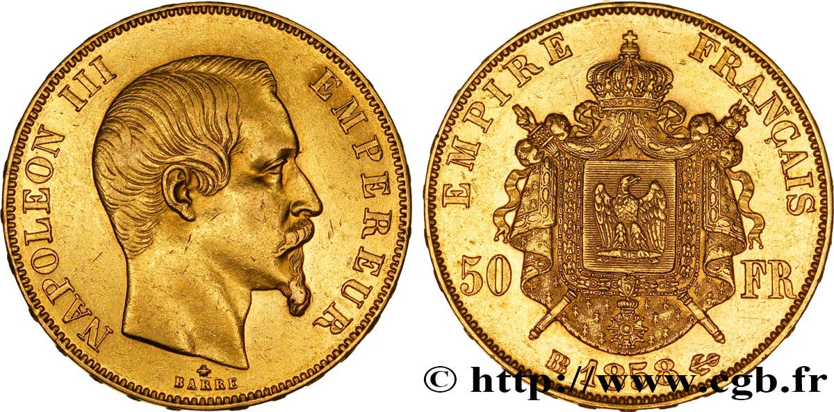 50 francs or Napoléon III, tête nue 1858 Strasbourg F.547/6 XF48 