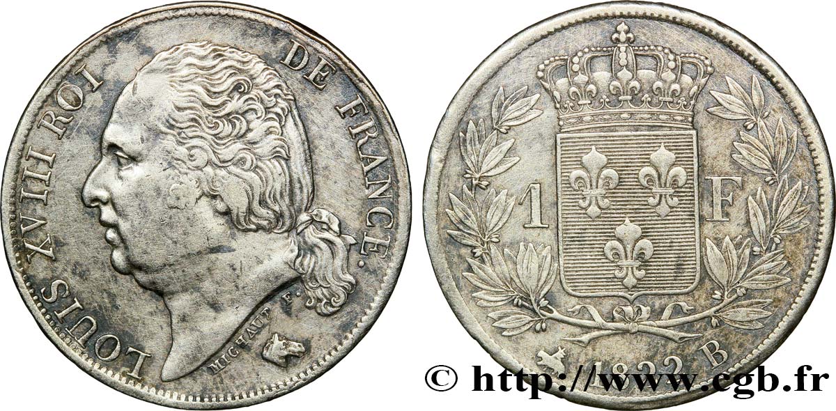 1 franc Louis XVIII 1822 Rouen F.206/41 TTB45 