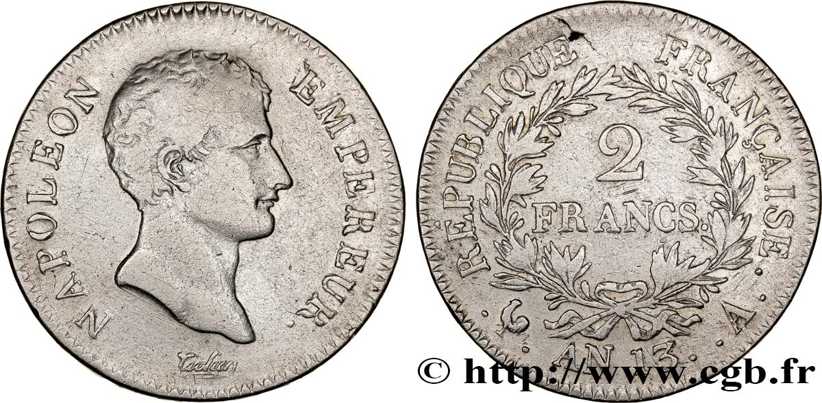2 francs Napoléon Empereur, Calendrier révolutionnaire 1805 Paris F.251/12 TB30 
