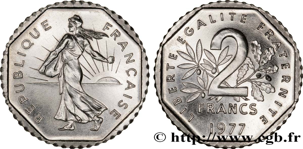 Pré-série de 2 francs Semeuse, nickel, sans le mot essai 1977 Pessac F.272/1 ST65 
