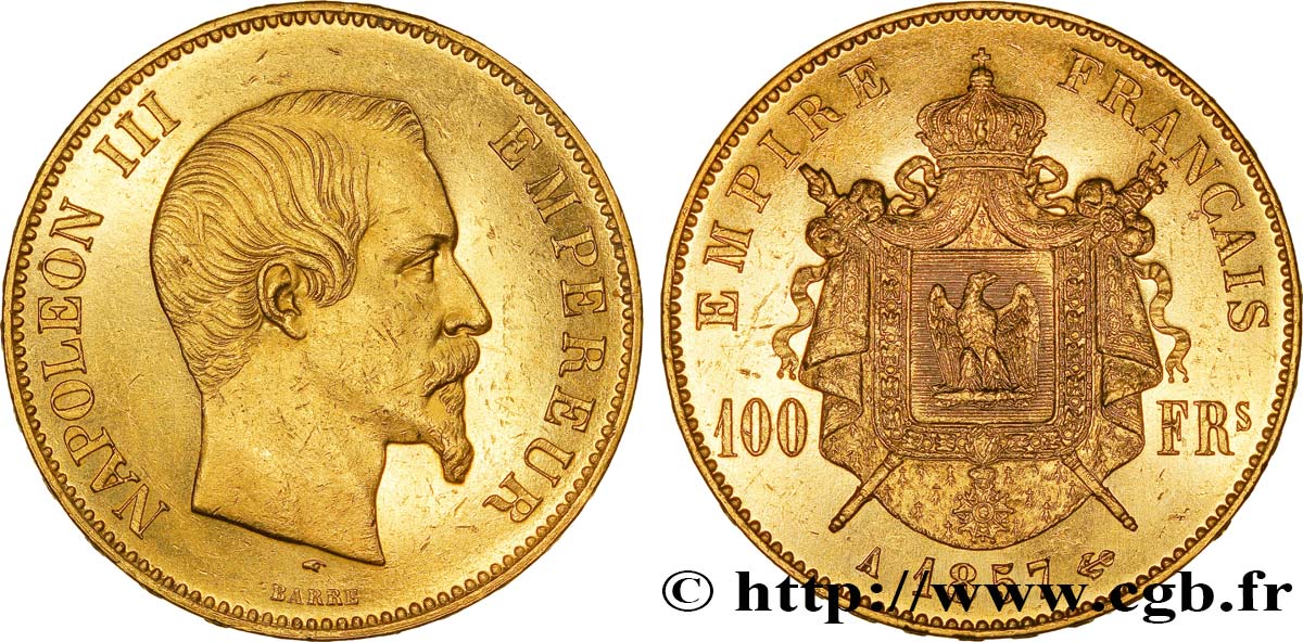 100 francs or Napoléon III, tête nue 1857 Paris F.550/4 VZ58 
