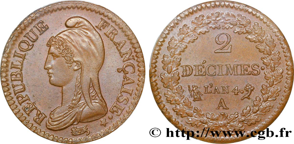 2 décimes Dupré 1796 Paris F.145/1 MS65 PCGS