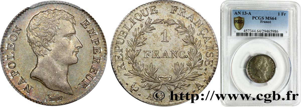 1 franc Napoléon Empereur, Calendrier révolutionnaire 1805 Paris F.201/14 SPL64 PCGS
