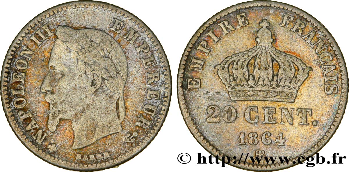 20 centimes Napoléon III, tête laurée, petit module 1864 Strasbourg F.149/2 VF20 