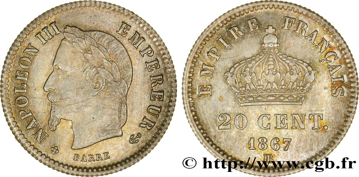 20 centimes Napoléon III, tête laurée, grand module 1867 Strasbourg F.150/2 EBC60 