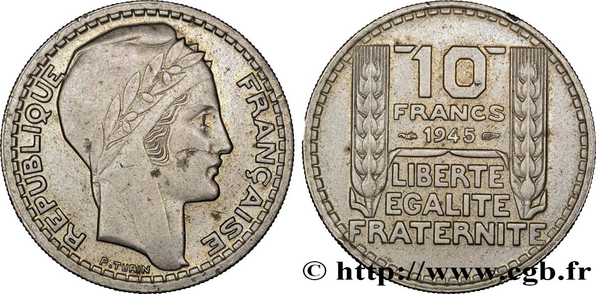 10 francs Turin, grosse tête, rameaux courts 1945  F.361A/1 AU50 