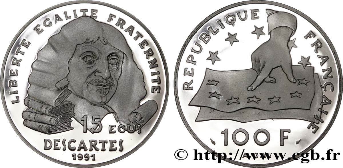 Belle Épreuve 15 écus / 100 francs Descartes 1991 Paris F.459/2 var. ST69 