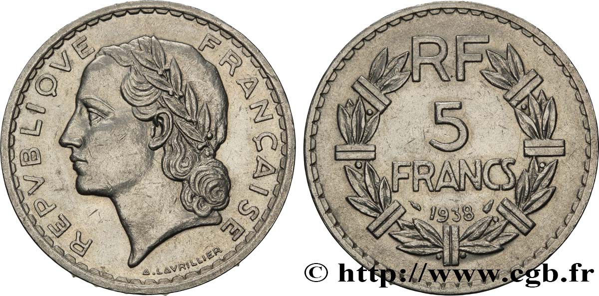 5 francs Lavrillier, nickel 1938  F.336/7 TTB50 