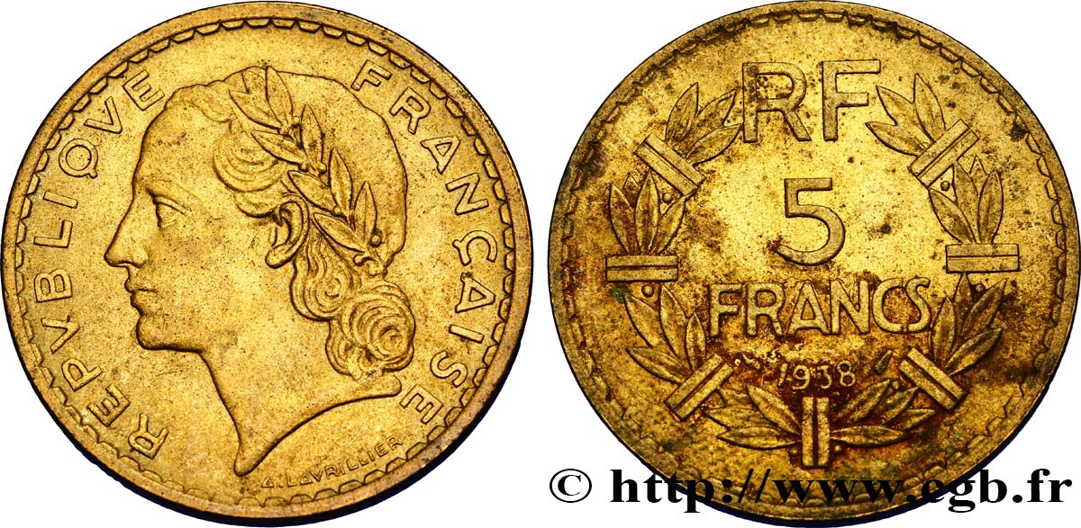 5 francs Lavrillier, bronze-aluminium 1938  F.337/1 TTB48 