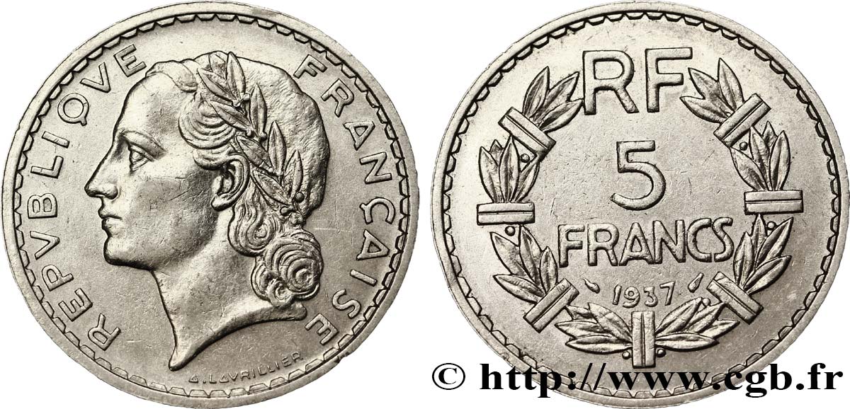 5 francs Lavrillier, nickel 1937  F.336/6 AU53 