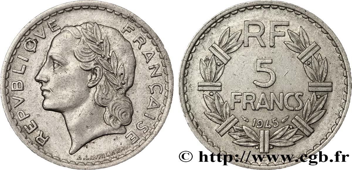 5 francs Lavrillier, aluminium 1945 Castelsarrasin F.339/5 SS40 