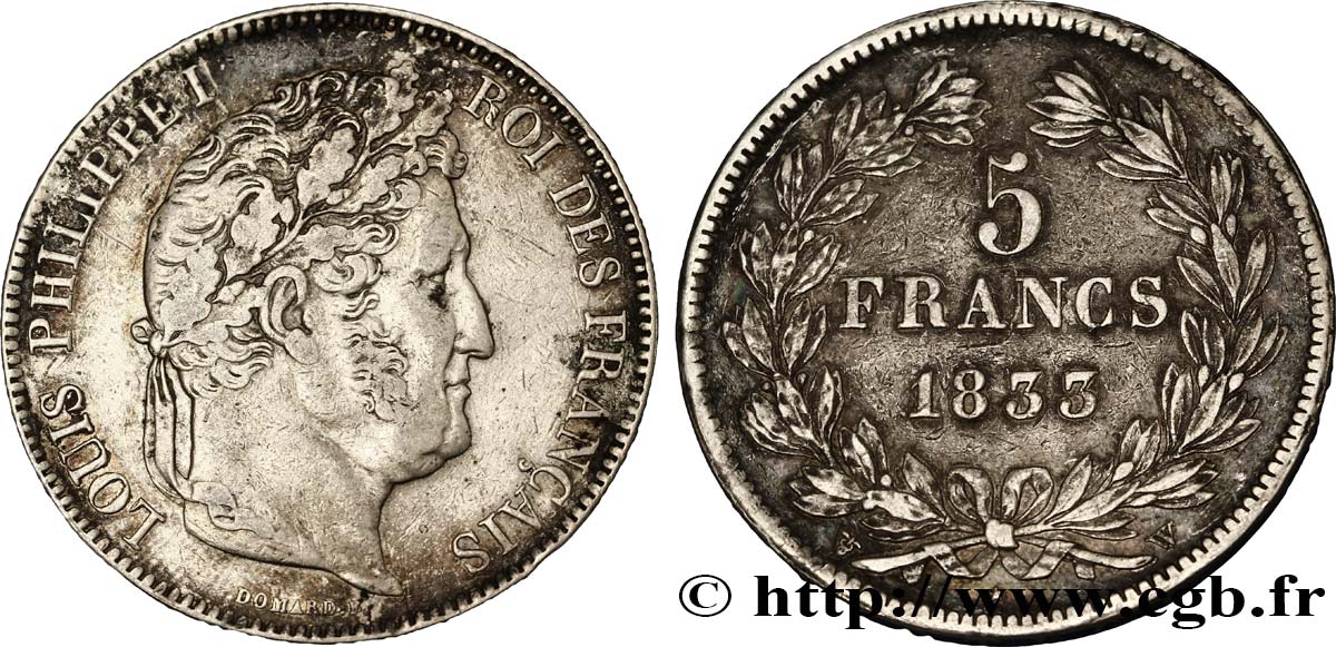 5 francs IIe type Domard 1833 Lille F.324/28 AU53 