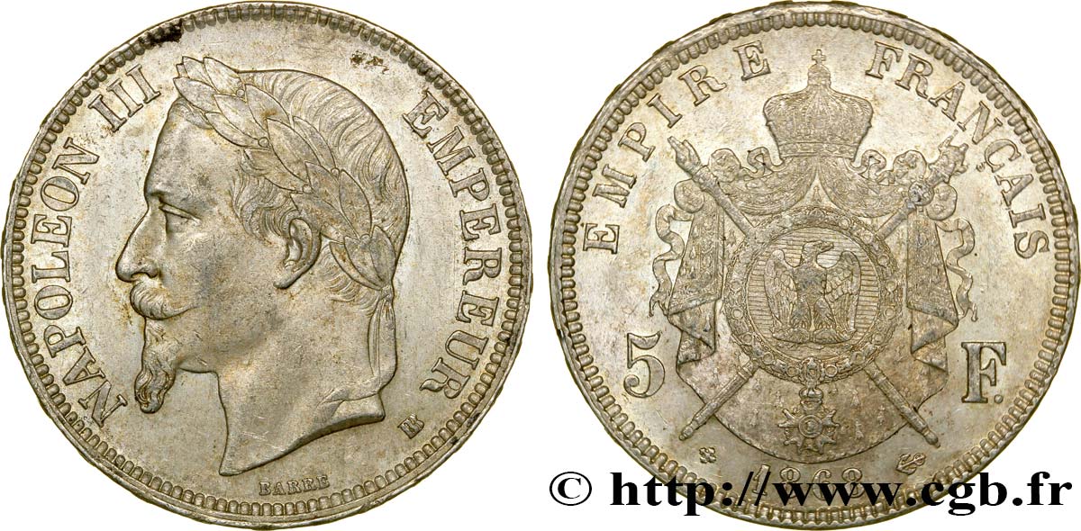 5 francs Napoléon III, tête laurée 1868 Strasbourg F.331/13 TTB50 