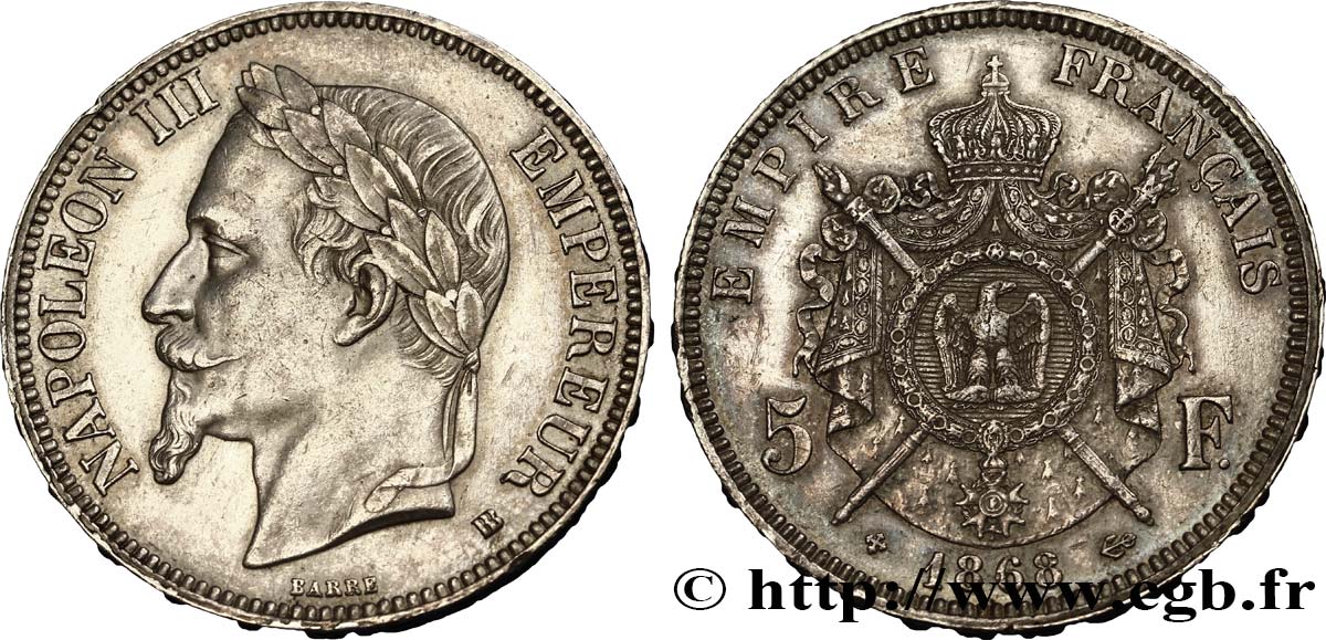 5 francs Napoléon III, tête laurée 1868 Strasbourg F.331/13 TTB52 