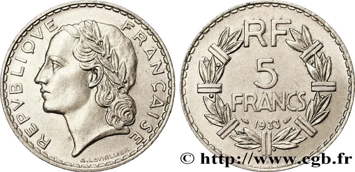 Essai de 5 francs Lavrillier, nickel 1933  F.336/1 AU58 