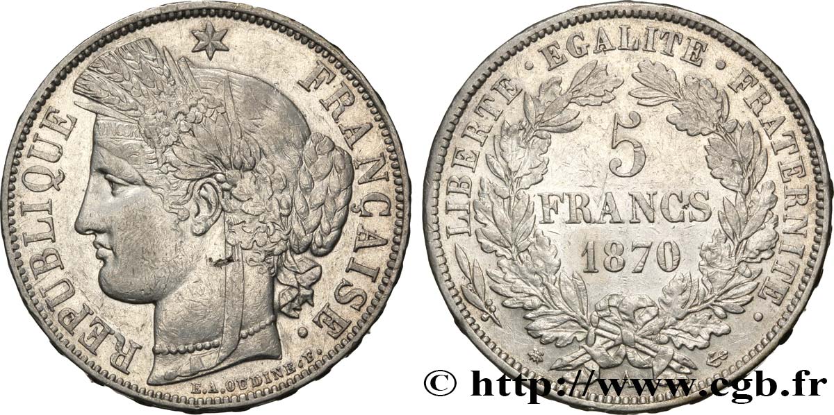 5 francs Cérès, avec légende 1870 Paris F.333/1 SS48 