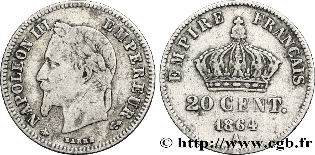20 centimes Napoléon III, tête laurée, petit module 1864 Paris F.149/1 VF20 