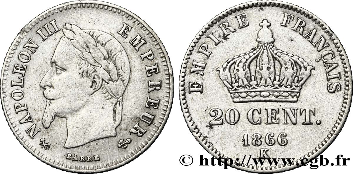 20 centimes Napoléon III, tête laurée, petit module 1866 Bordeaux F.149/6 VF20 
