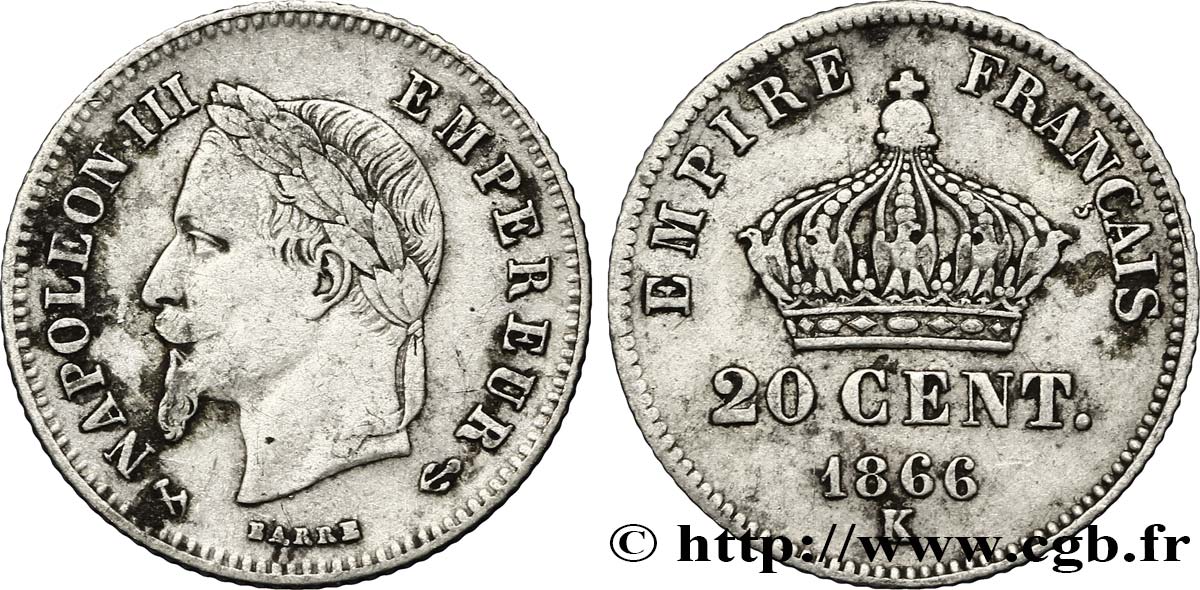 20 centimes Napoléon III, tête laurée, petit module 1866 Bordeaux F.149/6 VF20 
