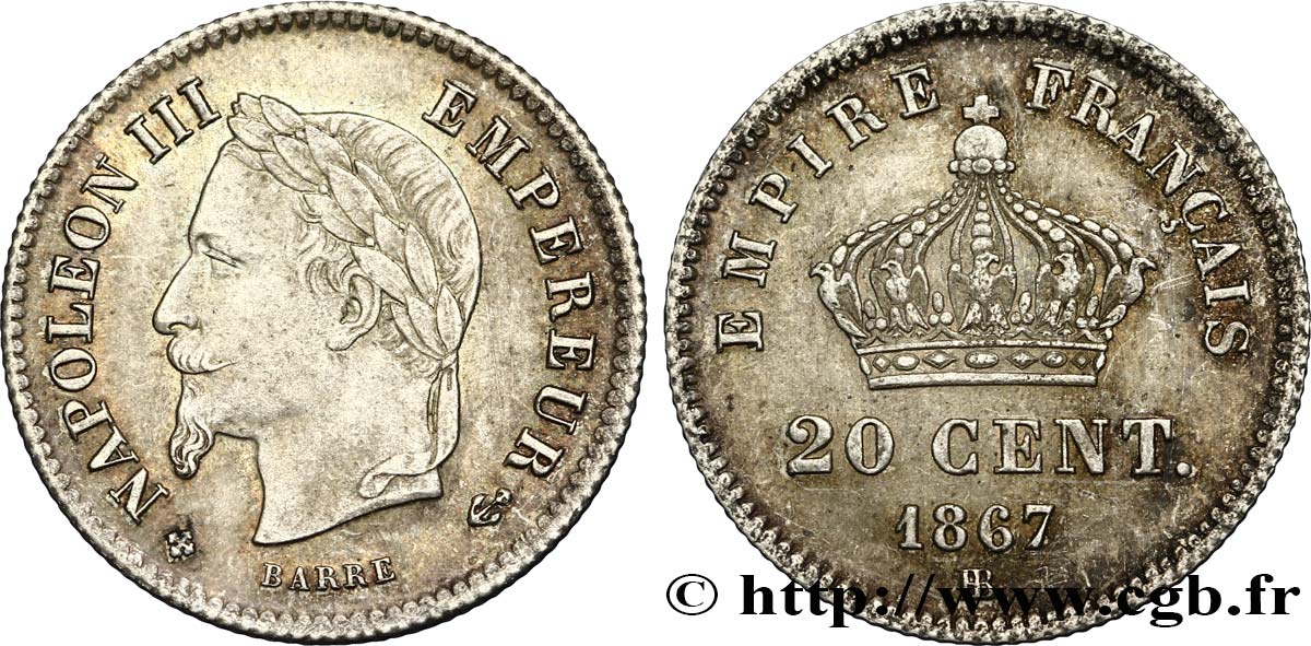 20 centimes Napoléon III, tête laurée, grand module 1867 Strasbourg F.150/2 TTB50 