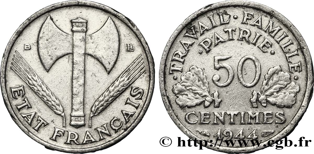 50 centimes Francisque, légère 1944 Beaumont-Le-Roger F.196/5 SS54 