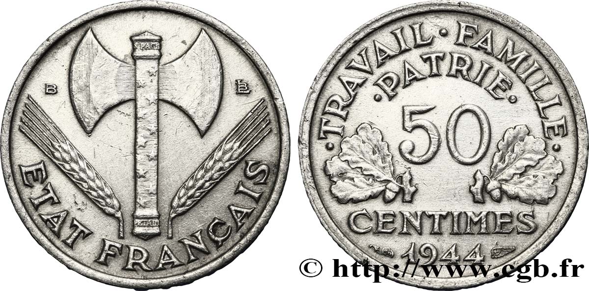 50 centimes Francisque, légère 1944 Beaumont-Le-Roger F.196/5 BB54 