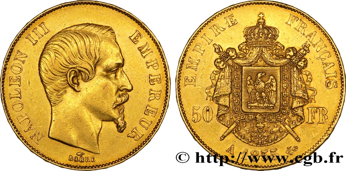 50 francs or Napoléon III, tête nue 1855 Paris F.547/1 MBC45 