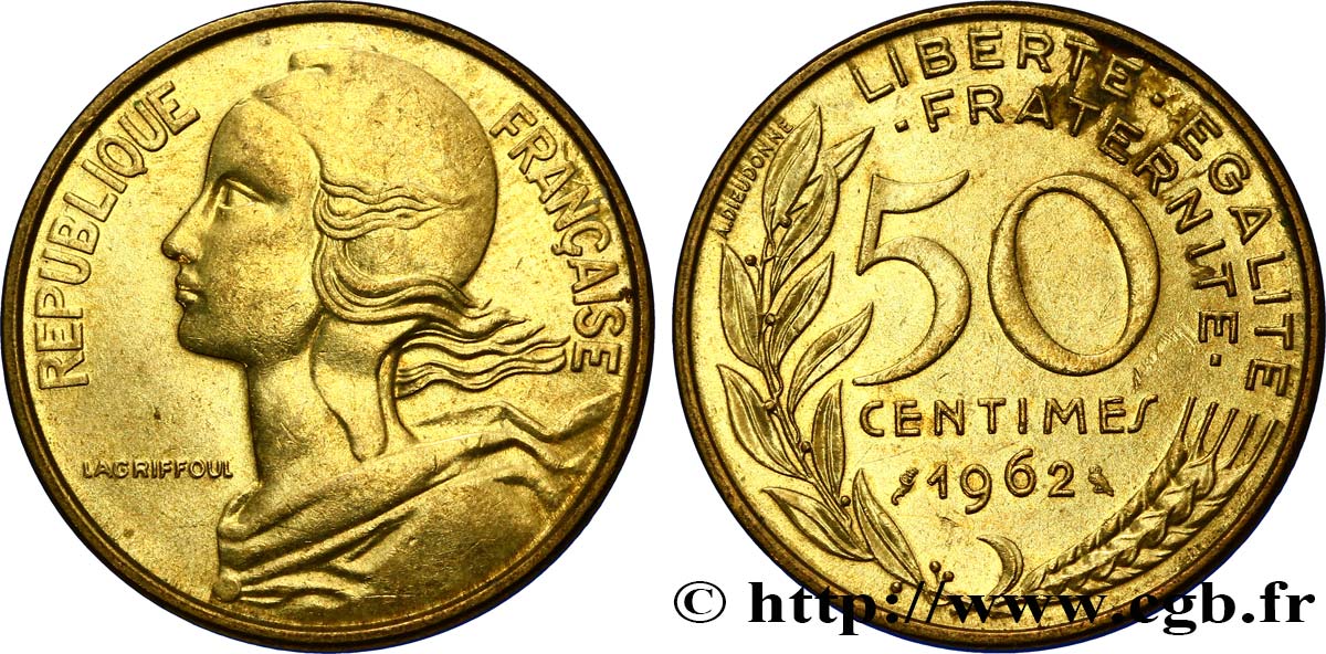50 centimes Marianne, col à trois plis 1962 Paris F.197/2 AU54 