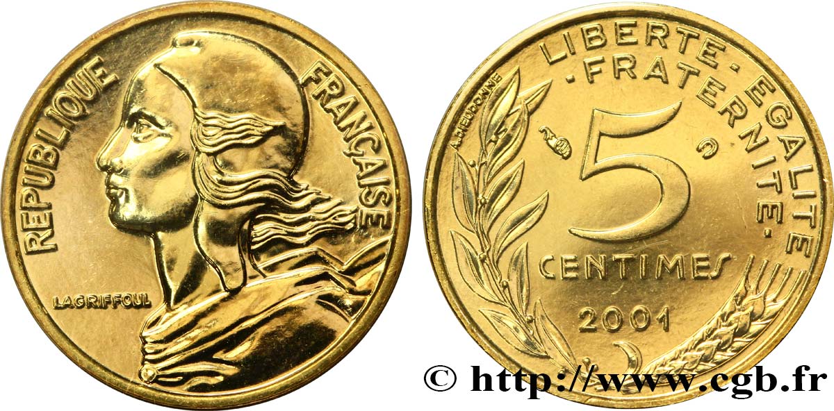 5 centimes Marianne, BU (Brillant Universel) 2001 Pessac F.125/45 MS70 